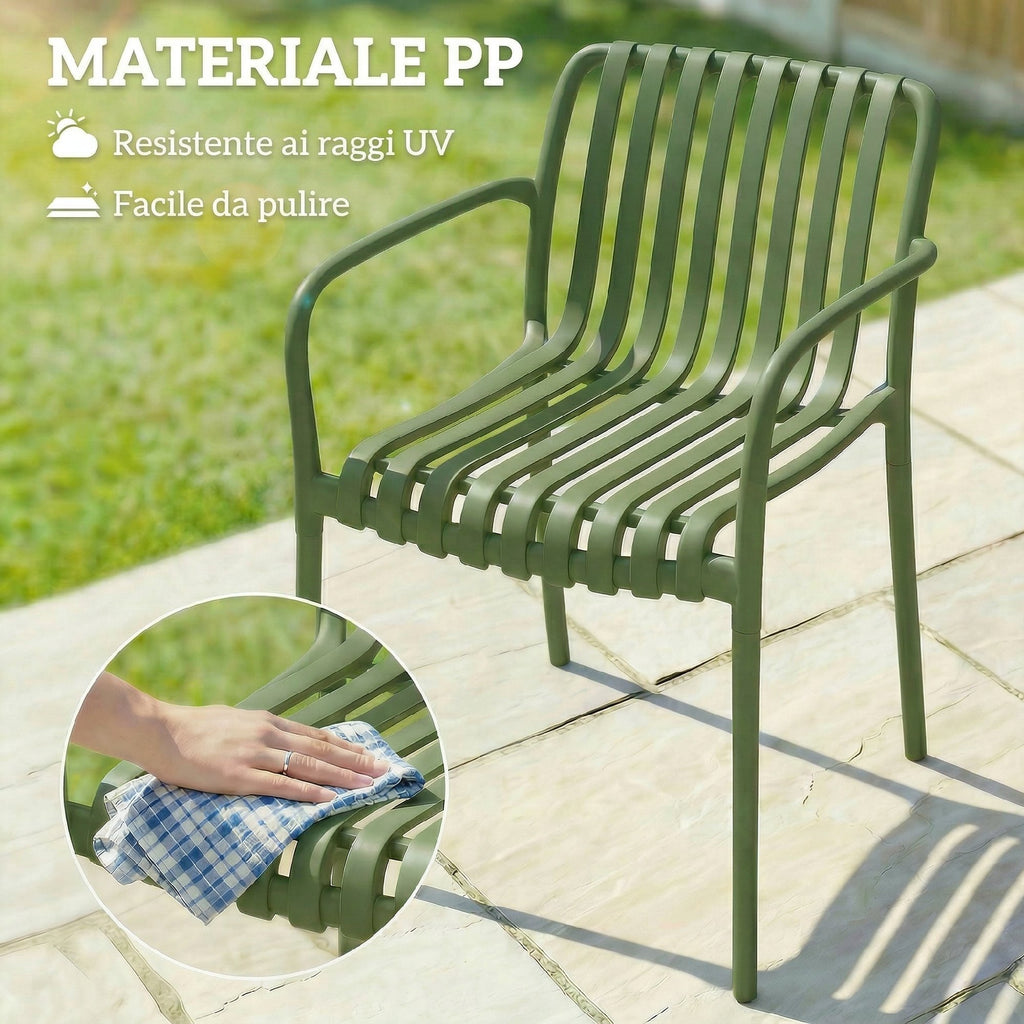 Outsunny Set of 4 Stackable Patio Chairs, Outdoor Dining Chairs with Curved Backrest, Slatted Seat and Armrests