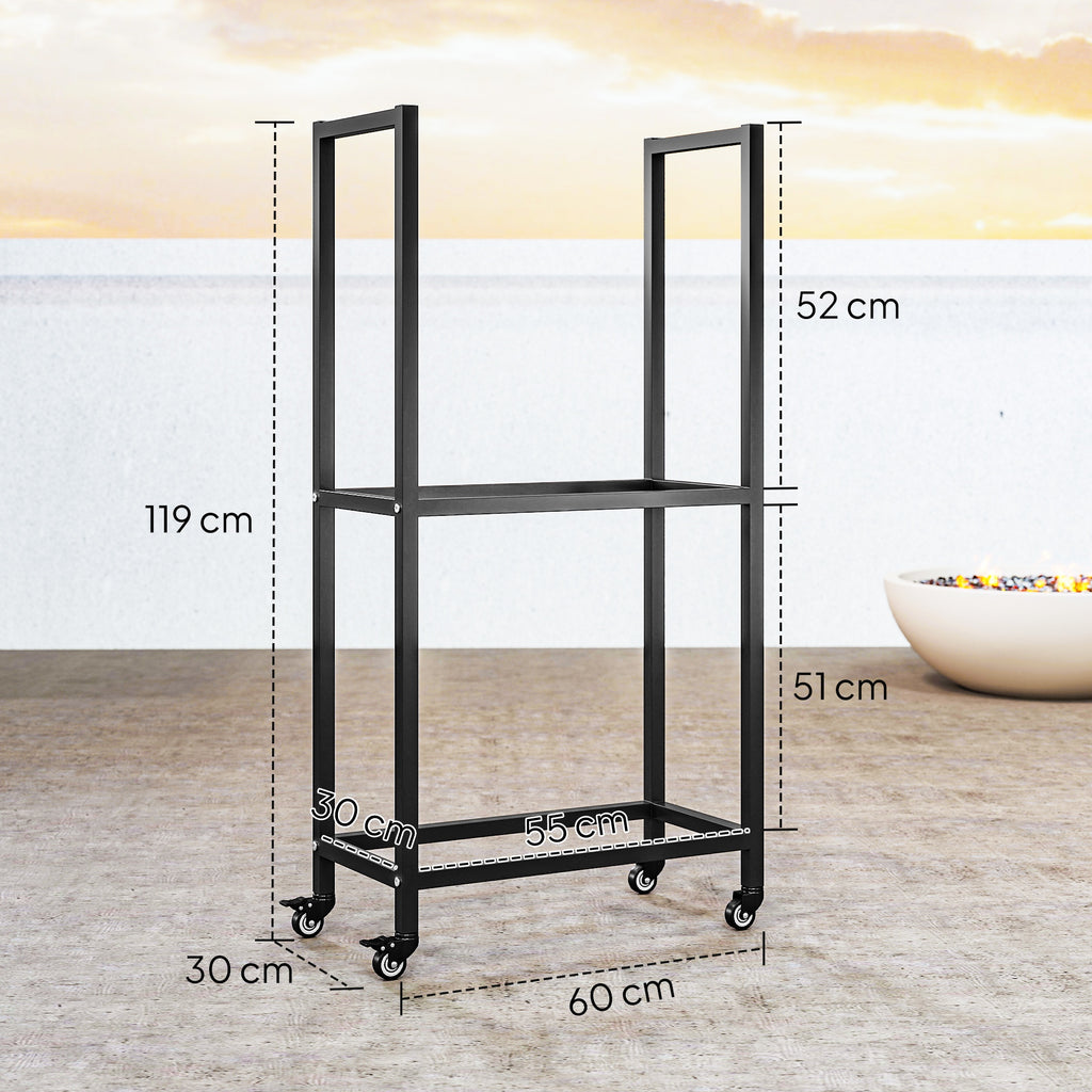 Outsunny Two-Tier Indoor and Outdoor Log Rack with Reinforced Steel Wheels, 60x30x119 cm, Black