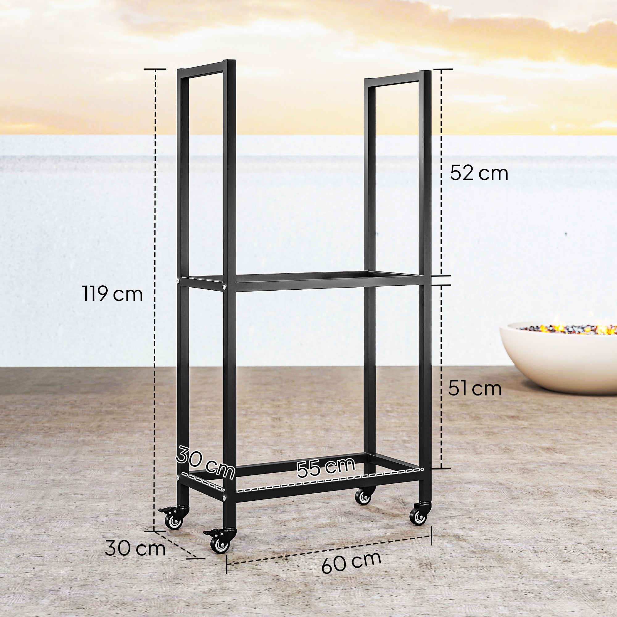 Outsunny Two-Tier Indoor and Outdoor Log Rack with Reinforced Steel Wheels, 60x30x119 cm, Black