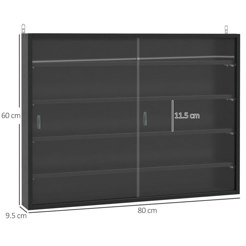 HOMCOM 5-Tier Wall Display Cabinet with Adjustable Shelves, in Glass and Chipboard, 80x9.5x60 cm, Black - Borgè