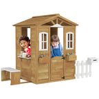 Wooden Children's Playhouse with Windows, Fence and Bench, 205x119x140 cm, Natural Wood