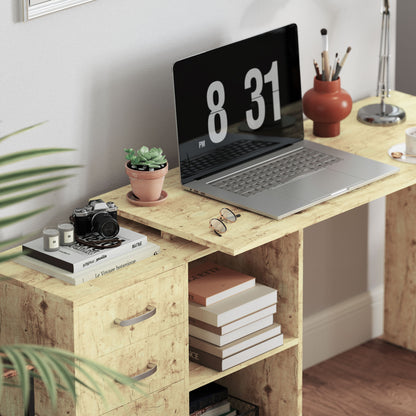 Corner PC Desk with 3 Drawers and Open Shelves, Wood and Metal, 117x83. 5x76 cm, Walnut