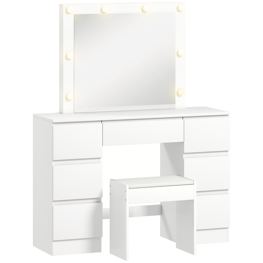 Hollywood-Style Makeup Table with Mirror, 8 LED Lights, 7 Drawers and Padded Stool, White