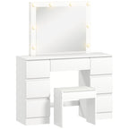 Hollywood-Style Makeup Table with Mirror, 8 LED Lights, 7 Drawers and Padded Stool, White