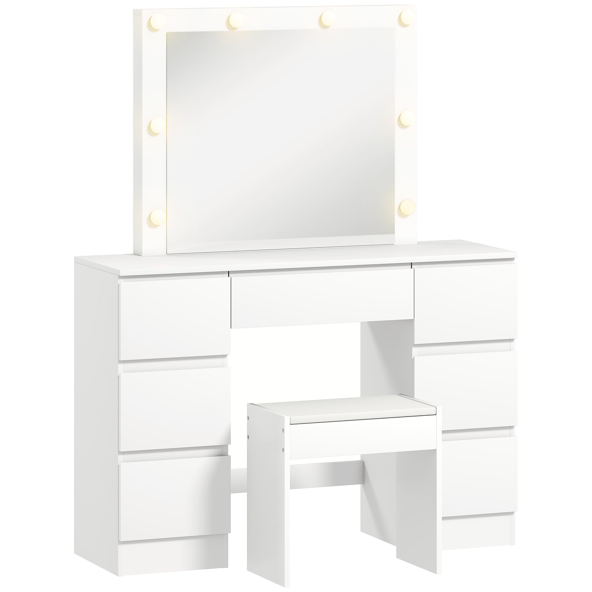 Hollywood-Style Makeup Table with Mirror, 8 LED Lights, 7 Drawers and Padded Stool, White