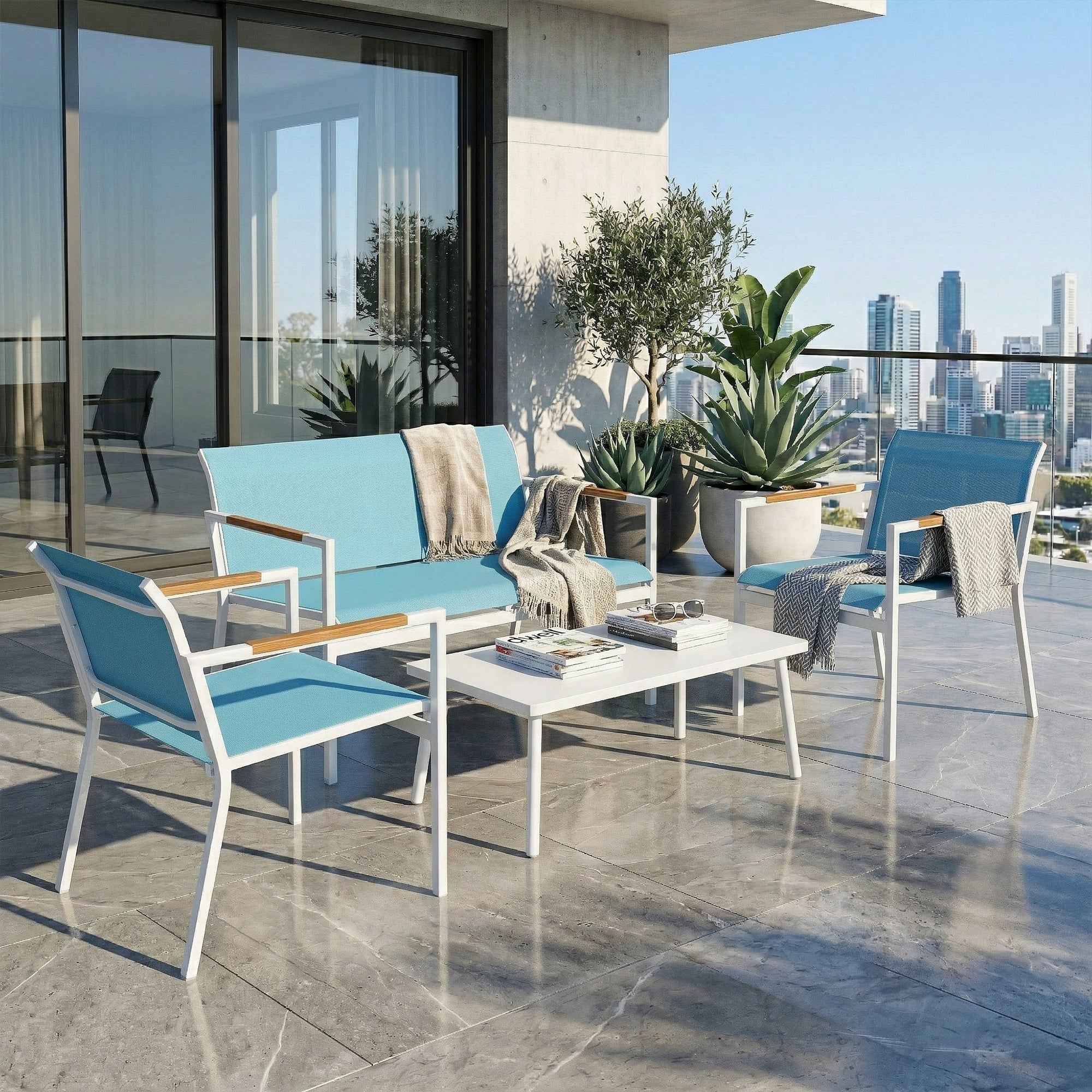 Outsunny 4-Seater Garden Set with Sofa, Armchairs, and Metal Table, Blue.