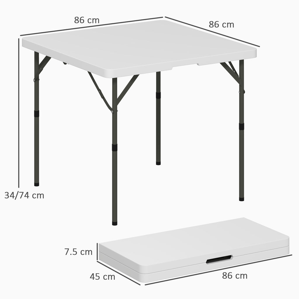 Folding Camping Table with 2 Adjustable Heights in HDPE and Metal, 86x86x74 cm, White