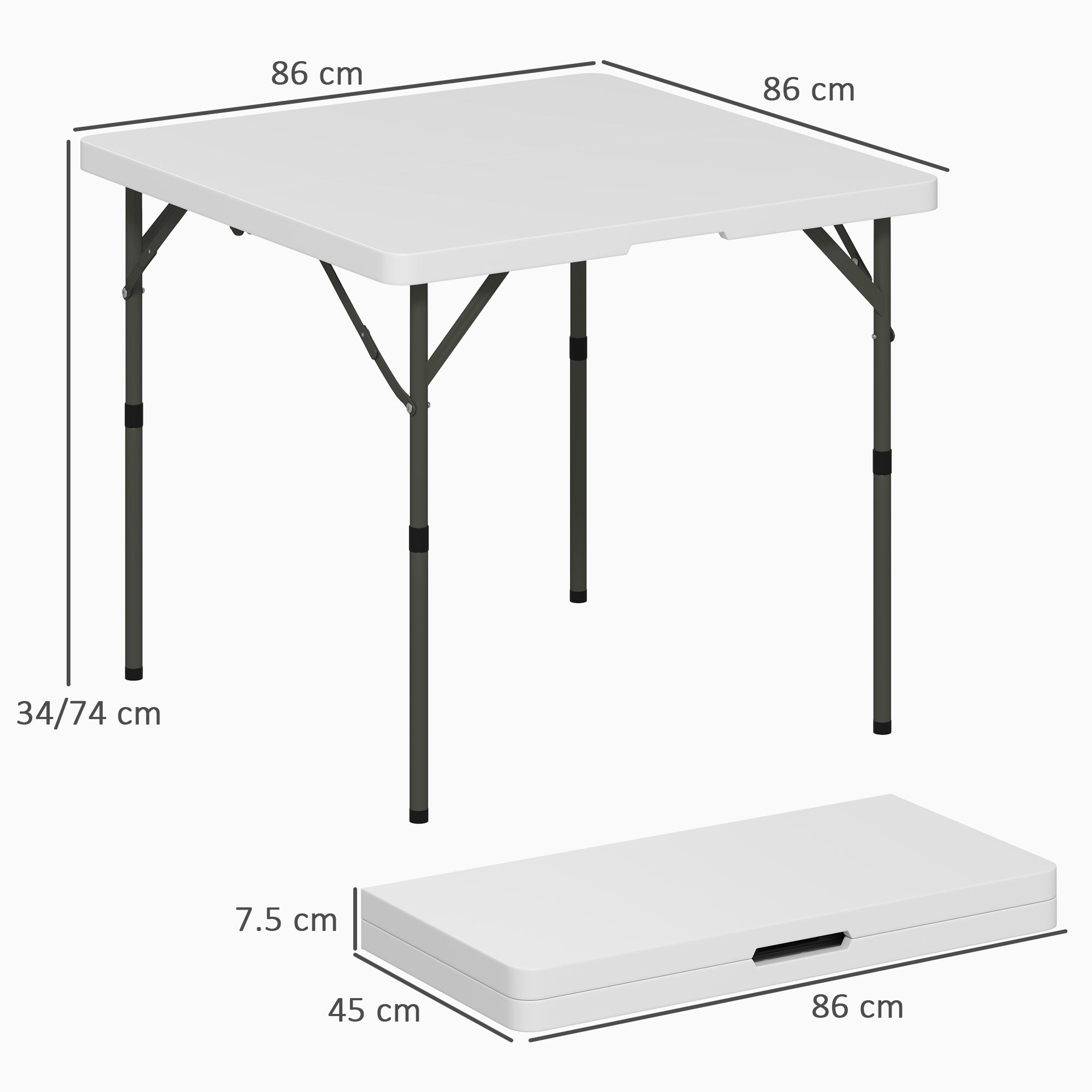 Folding Camping Table with 2 Adjustable Heights in HDPE and Metal, 86x86x74 cm, White