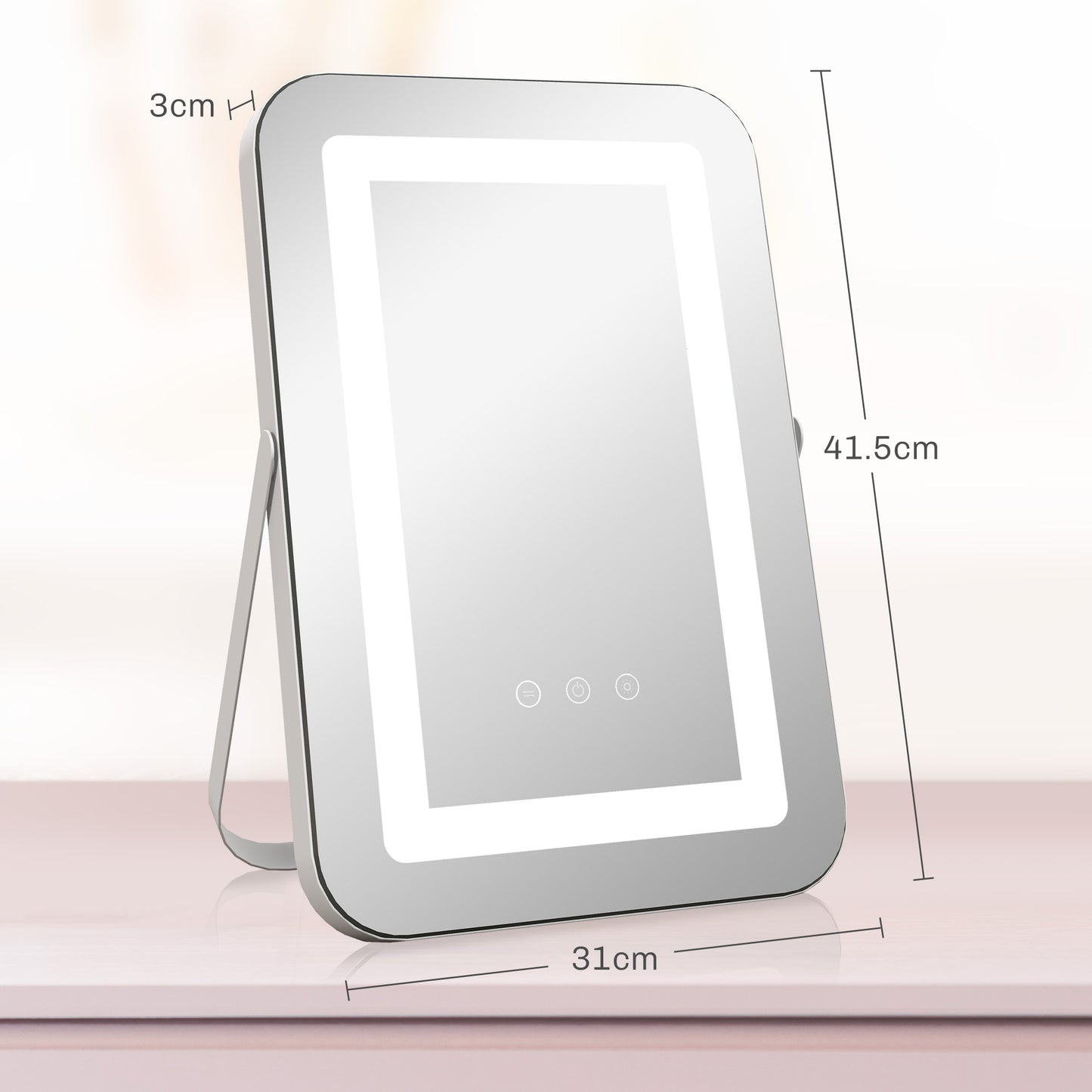 Makeup Mirror with 3-Color Adjustable Lights, USB Socket and 10x Magnifying Mirror, 31x41.5x3cm, White