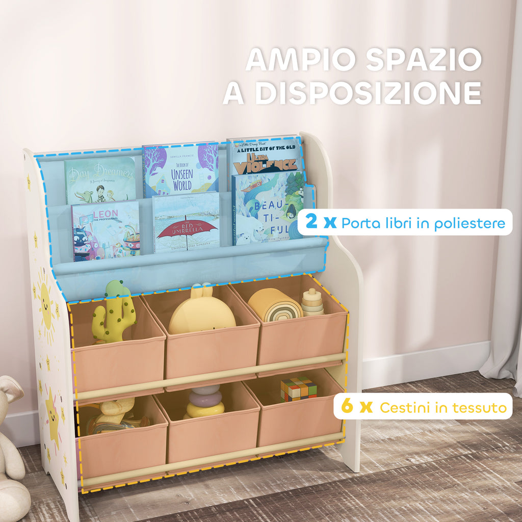 Toy Storage Shelf with 6 Fabric Drawers and 2-Tier Bookcase, Wood and Steel, 63x30x71 cm, Pink