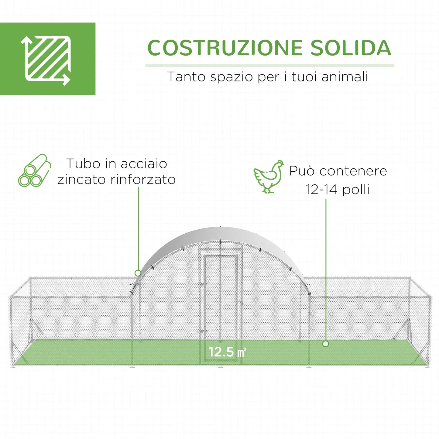 Garden Chicken Coop for 12-14 Chickens in Galvanized Steel and PE with Roof and Lock, 660x190x195 cm