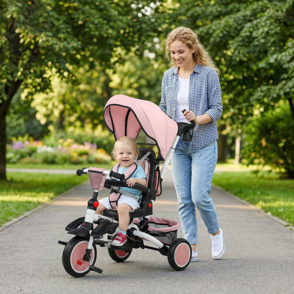 AIYAPLAY 6-in-1 Children's Tricycle with Push Handle and Swivel Seat, 111.5x52x98 cm, Pink