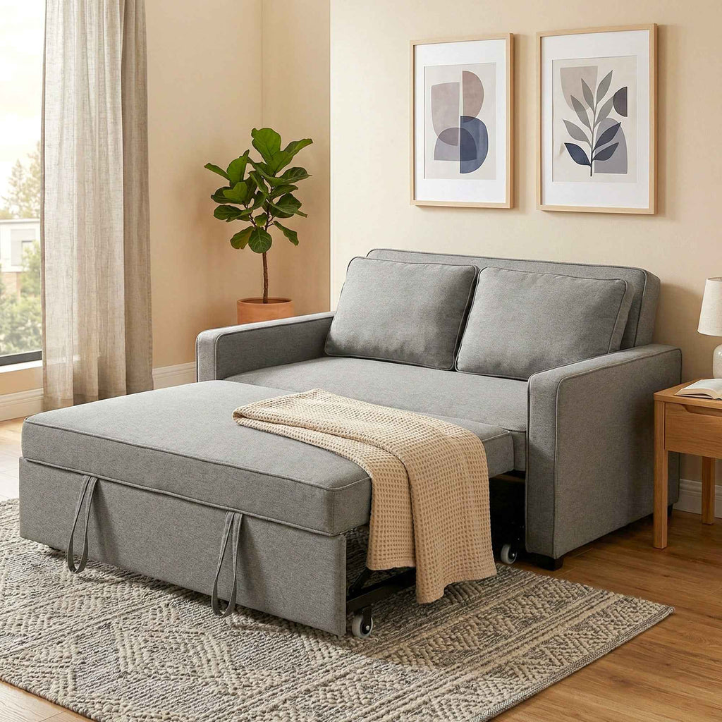 HOMCOM 3-in-1 2-Seater Sofa Bed with 3-Position Adjustable Backrest and 2 Cushions, Linen-Effect Fabric, Grey