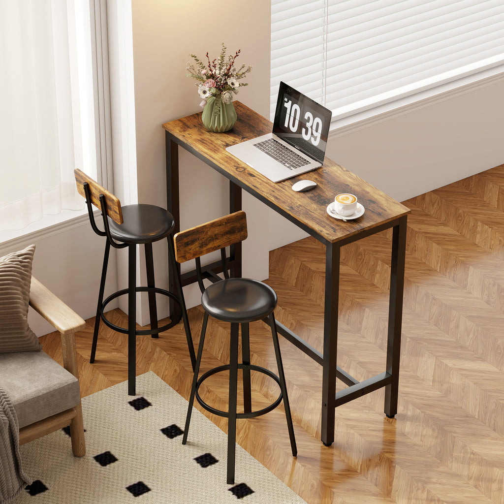 Set of 2 Industrial Style Bar Stools with Backrest, Faux Leather Seat and Footrest, Rustic Brown