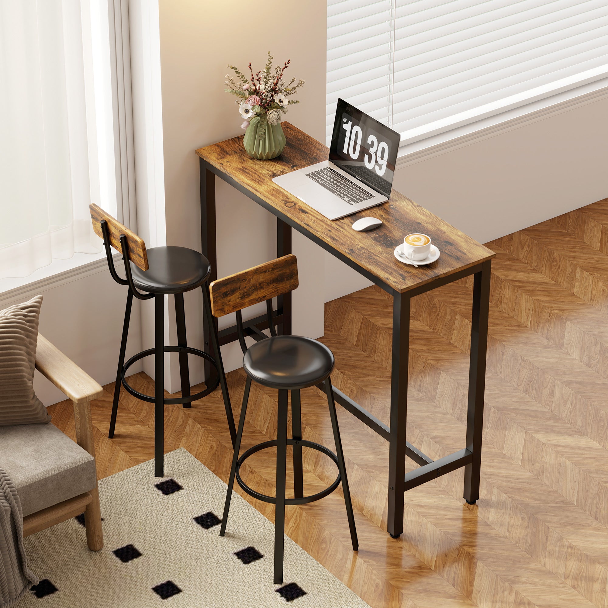 Set of 2 Industrial Style Bar Stools with Backrest, Faux Leather Seat and Footrest, Rustic Brown