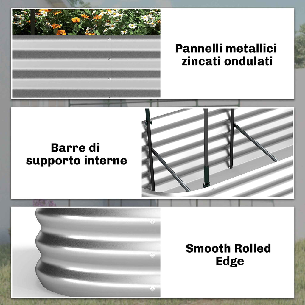 Outsunny Raised Outdoor Vegetable Garden with Trellis for Climbing Plants and Open Bottom, Steel, 200x60x103 cm, Silver