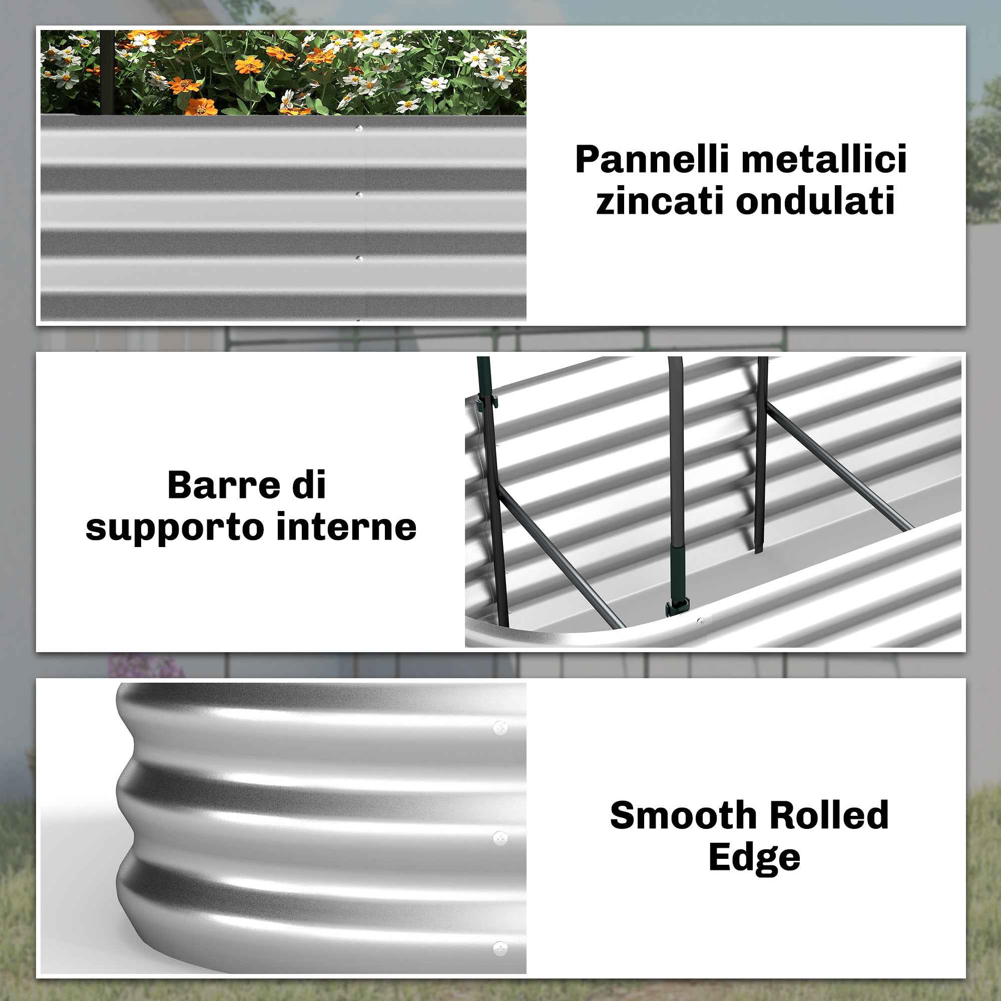 Outsunny Raised Outdoor Vegetable Garden with Trellis for Climbing Plants and Open Bottom, Steel, 200x60x103 cm, Silver
