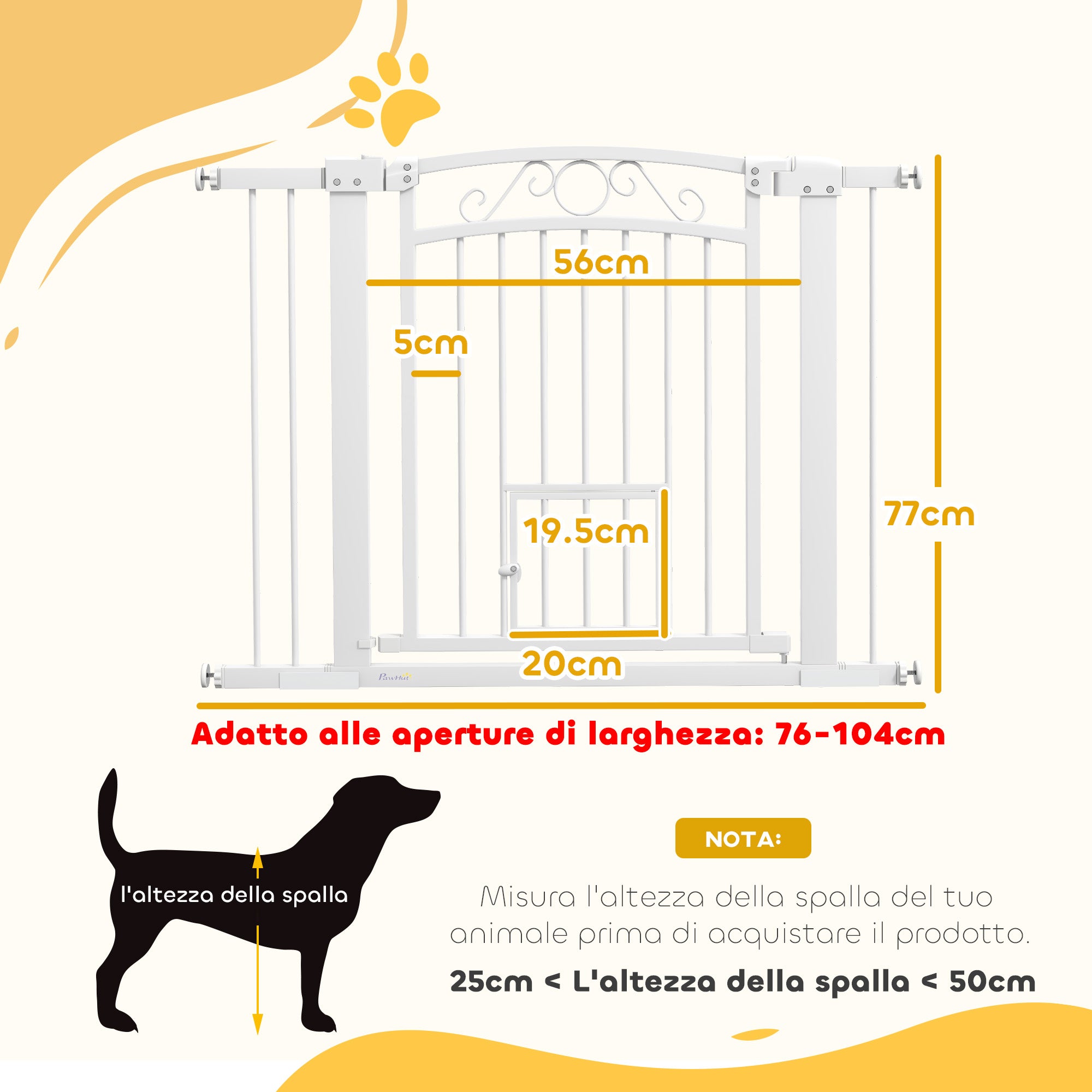 Adjustable Dog Gate with Extensions, Cat Door and One-Handed Opening, 76-104x77cm, White