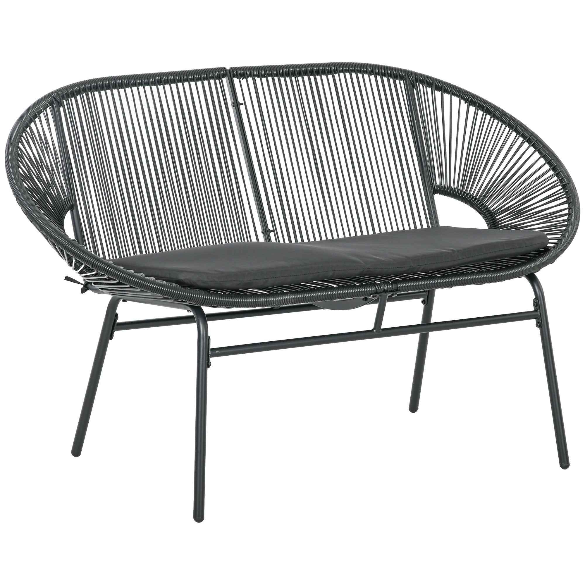 Outsunny 2-Seater Garden Sofa in PE Rattan and Steel with Cushions and Armrests, 132x72x83 cm, Black