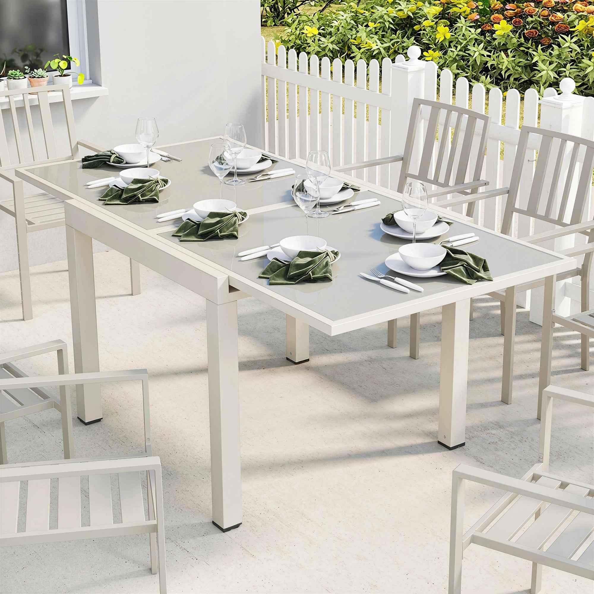 Outsunny Extendable Outdoor Aluminum Table, Tempered Glass Top, Cream White.