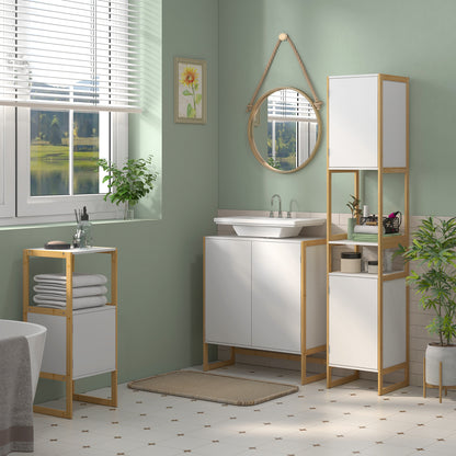 Bathroom Vanity Cabinet with 2 Push-On Doors in Bamboo and MDF with U-Cut, 70x33x79.5cm, White