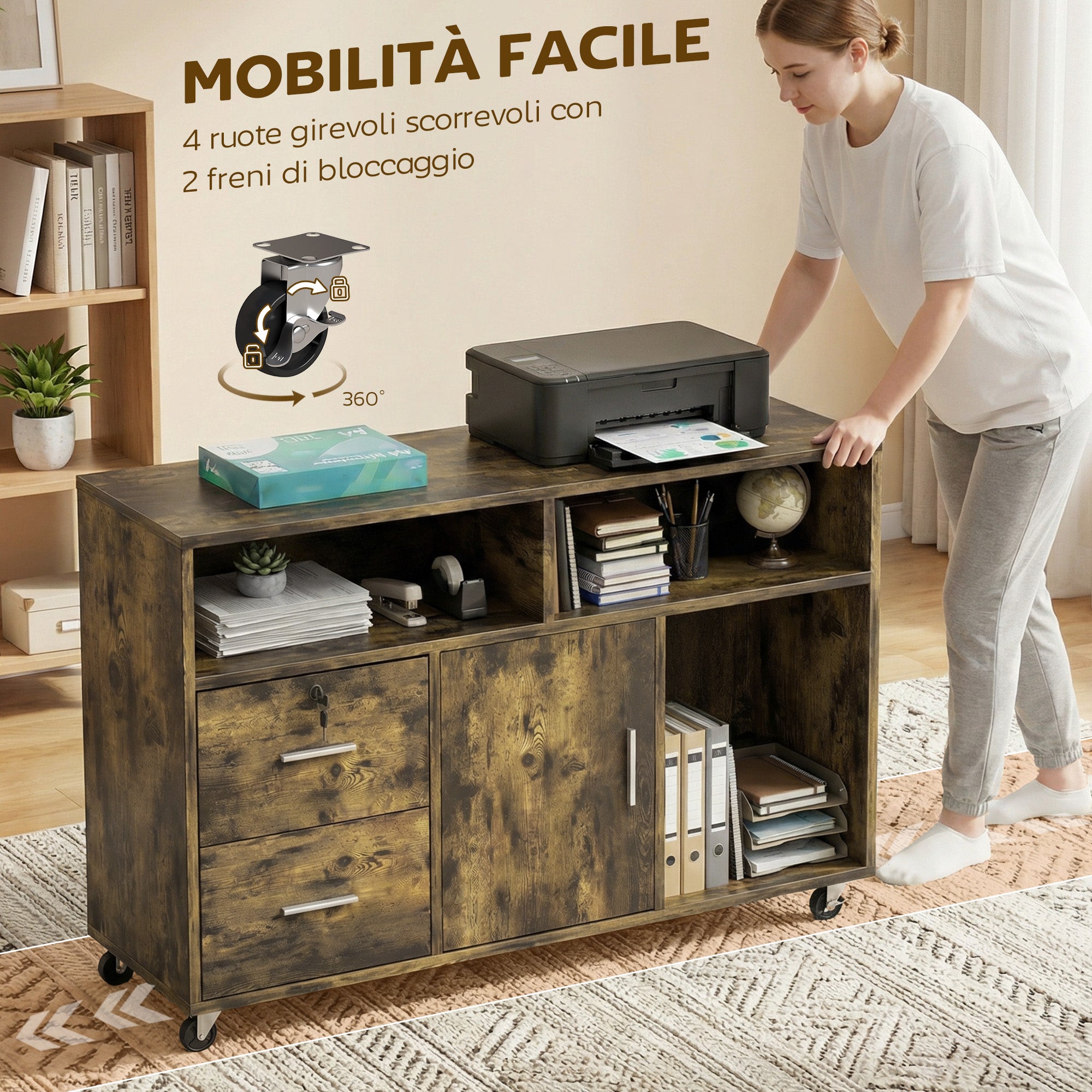 HOMCOM Wooden Printer Stand with Wheels, 2 Drawers, 3 Shelves, and 2 Cabinets, 100x35x65 cm, Brown