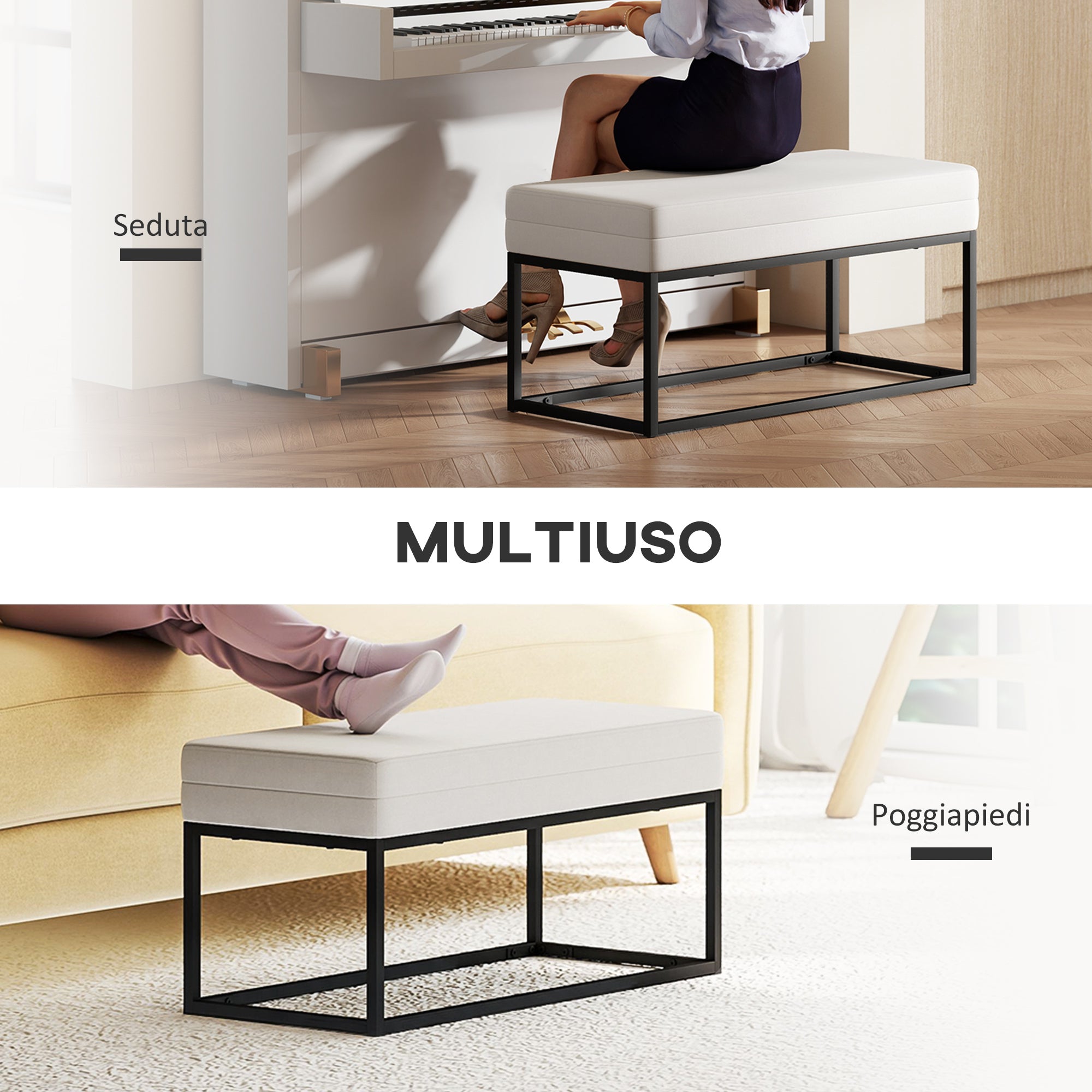 Modern Steel, Sponge and Velvet Fabric Entrance Bench with Adjustable Feet, 94x42x44 cm, Cream