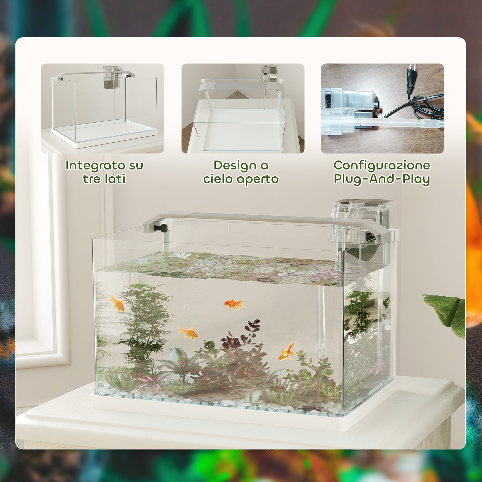 Glass Aquarium with LED Lights 20L, Filter and Water Pump, 38x26x27 cm, White