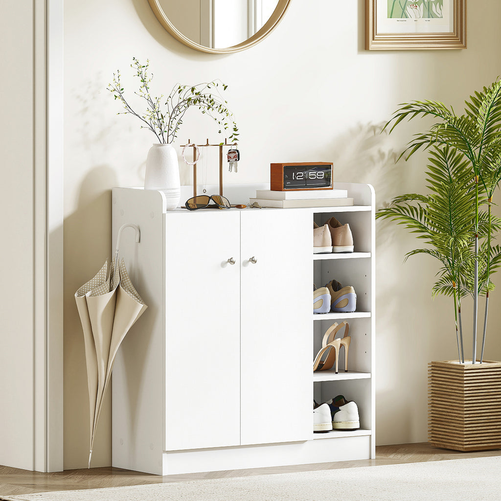 Shoe Rack with 4 Open Shelves, Multipurpose Shoe Cabinet with 2 Doors and Adjustable Shelves, Space-Saving Shoe Storage for 12 Pairs, 83x30x90 cm, White