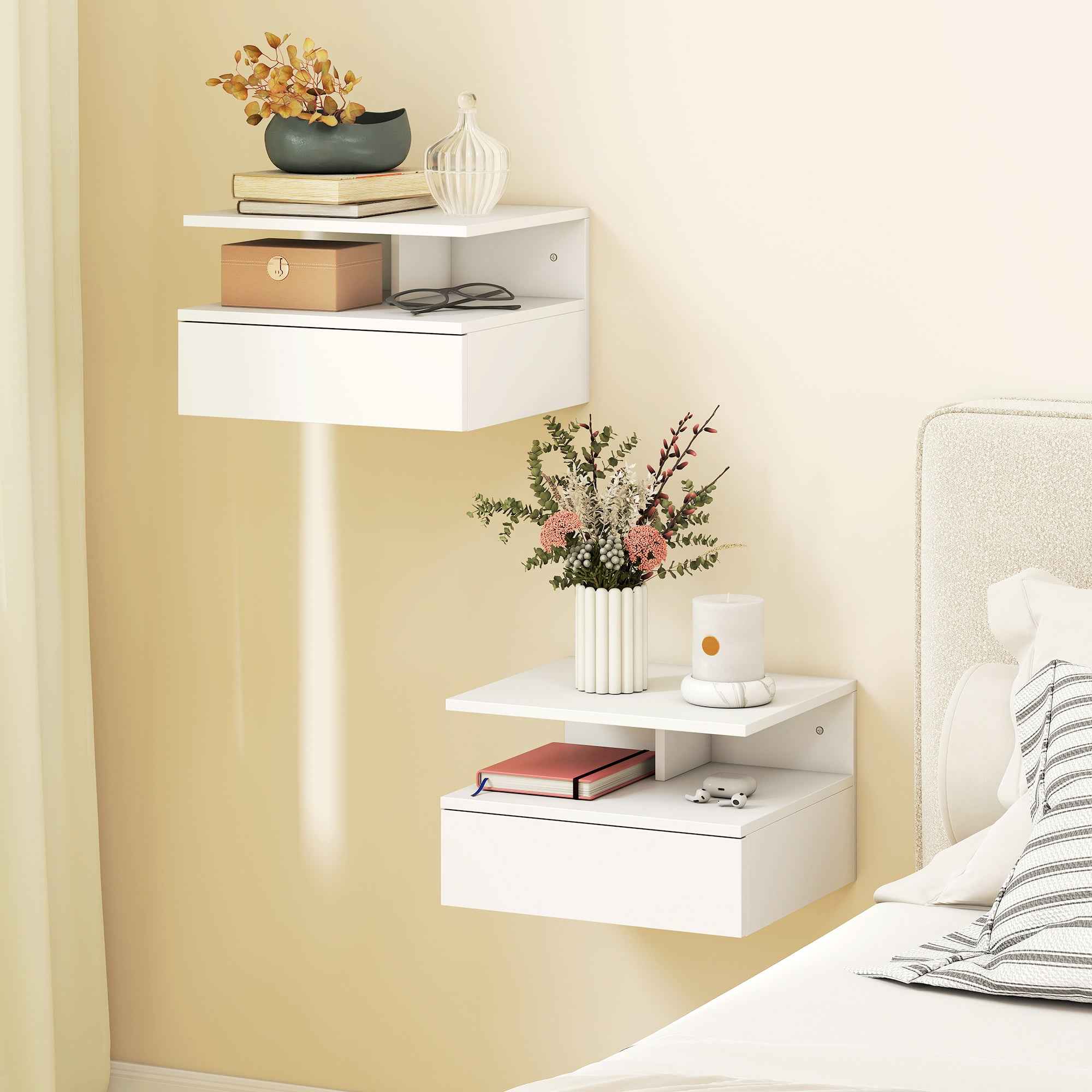 HOMCOM Set of 2 Floating Bedside Tables with Drawer and Open Shelf, 35x32x22.5 cm, White