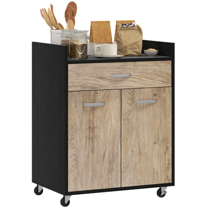 Kitchen Trolley with Drawer, Cabinet and 4 Wooden Wheels, 60x40x77cm, Black