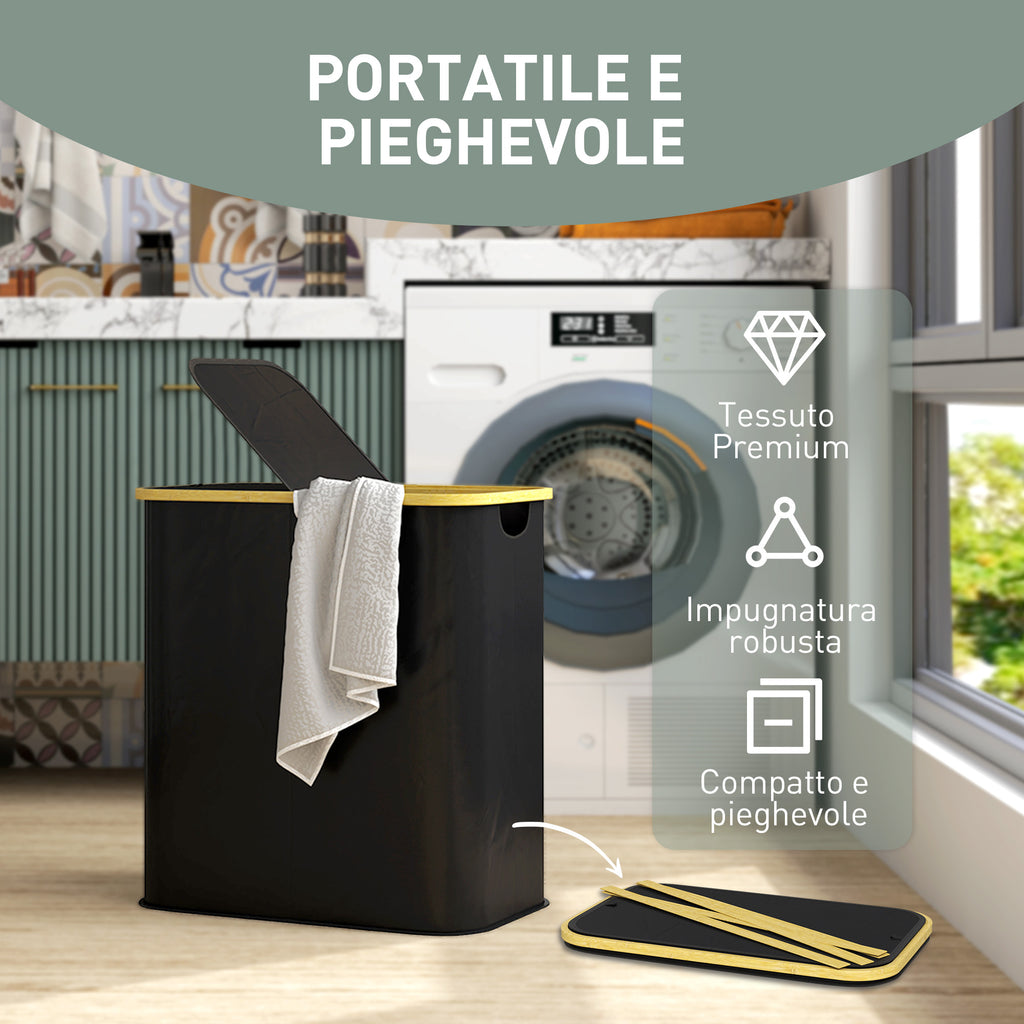 Laundry Basket 80L 2-Section with Lid, Non-Woven and Bamboo, 54x34x58.5 cm, Black