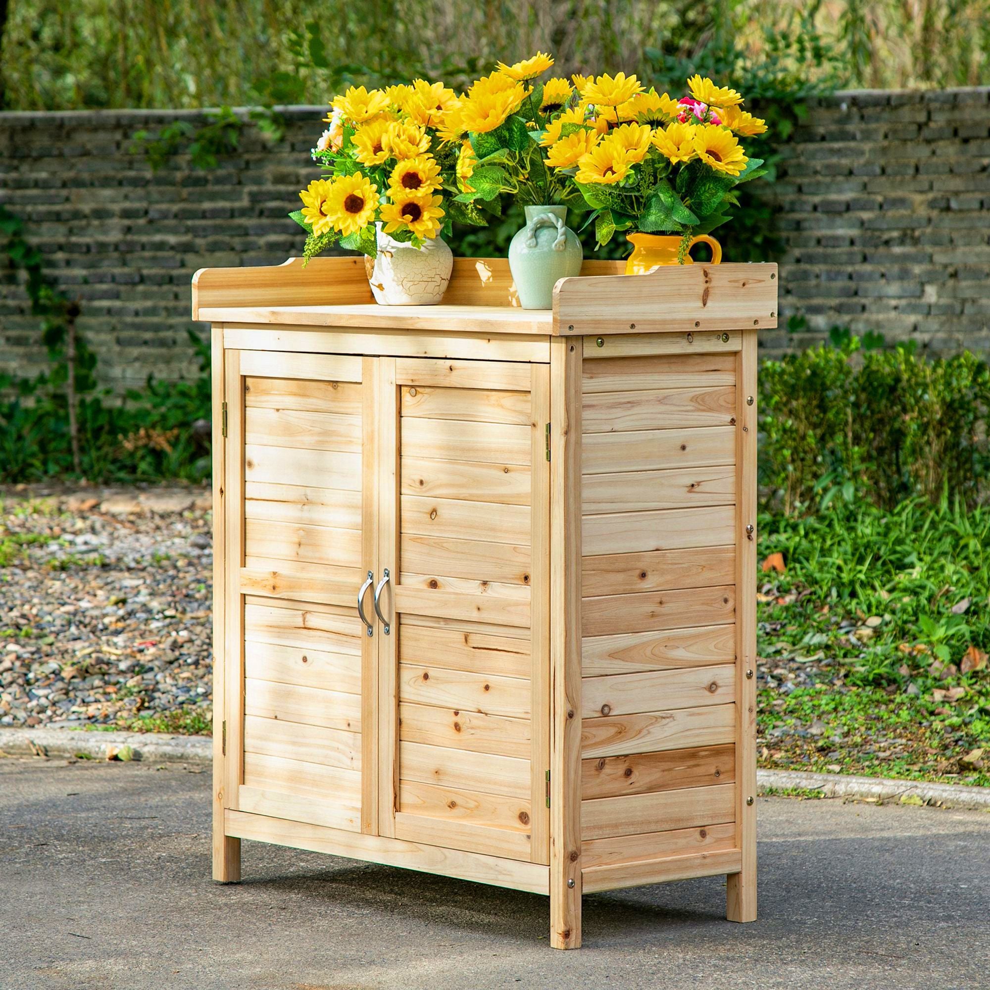 Outsunny outdoor cabinet with 2 fir wood shelves with raised design and 2 doors, 83x40x92 cm - Borgè