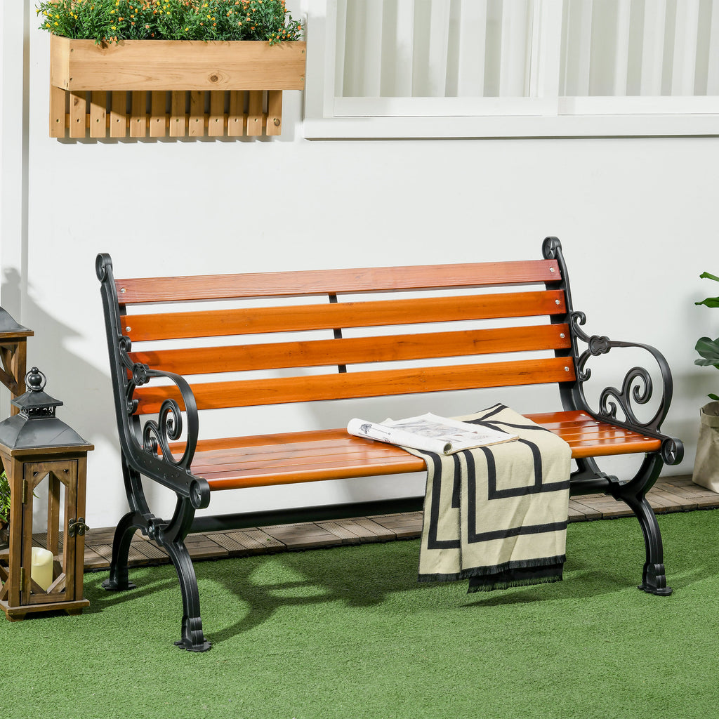 Outsunny 2-Seater Garden Bench in Aluminum and Wood with Slats and Armrests, 120x64x79cm, Teak