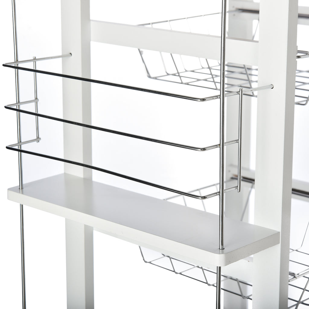 Space-Saving Kitchen Island Cart in Pine Wood, Food Cart with 4 Wheels, Drawer, 3 Pull-Out Baskets, Fruit Bowl, White