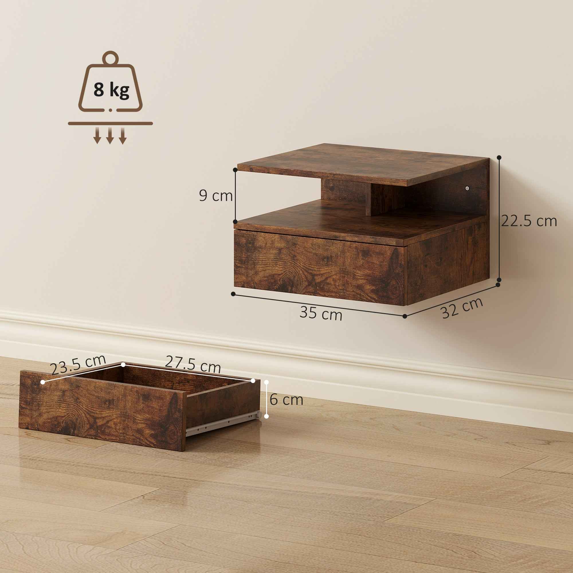 HOMCOM Set of 2 Floating Nightstands with Drawer and Open Shelf, 35x32x22.5 cm, Rustic Brown