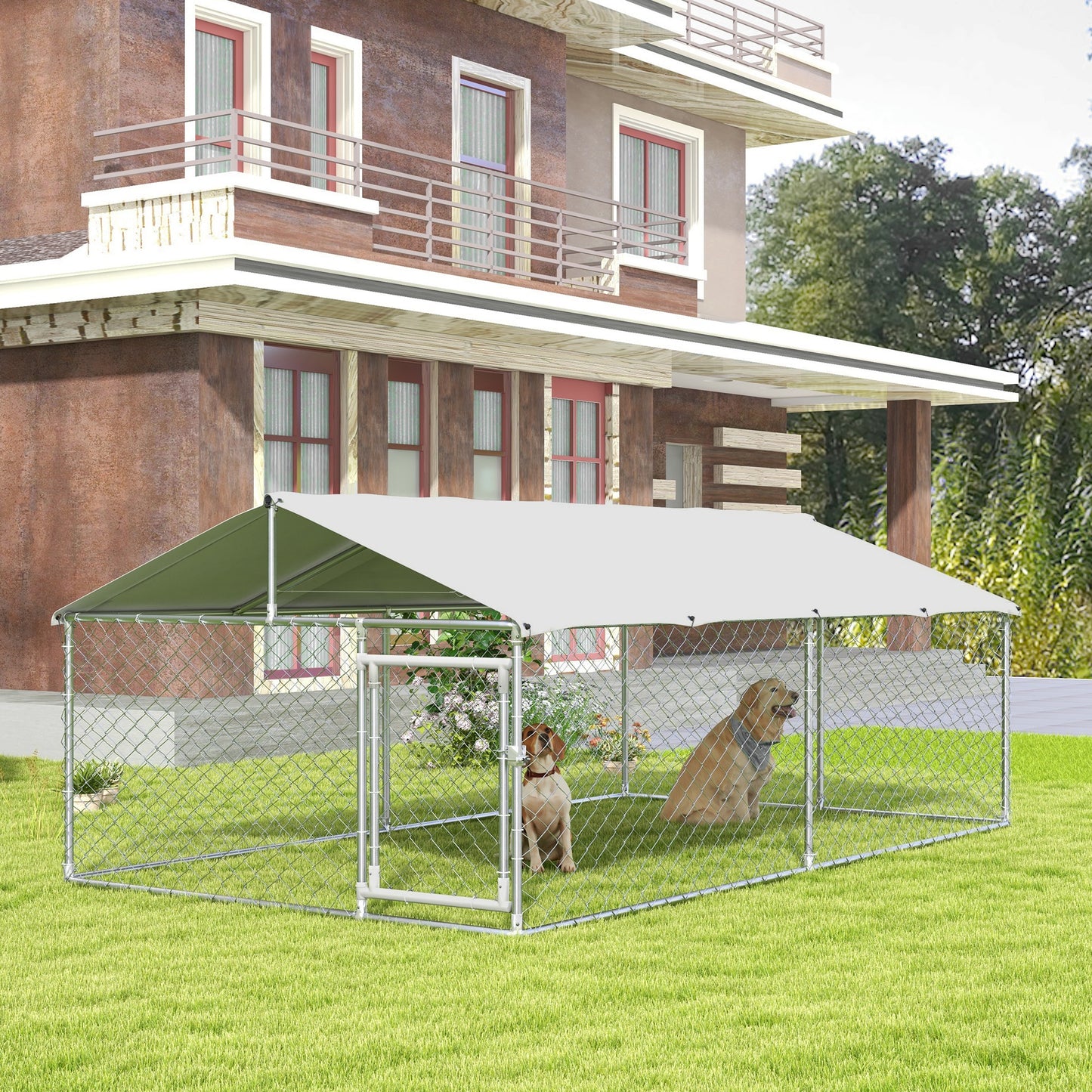 PawHut Outdoor Run for Large Dogs up to 30kg, with Waterproof and Anti-UV Roof, 4x2.3x1.5m, Silver - Borgè