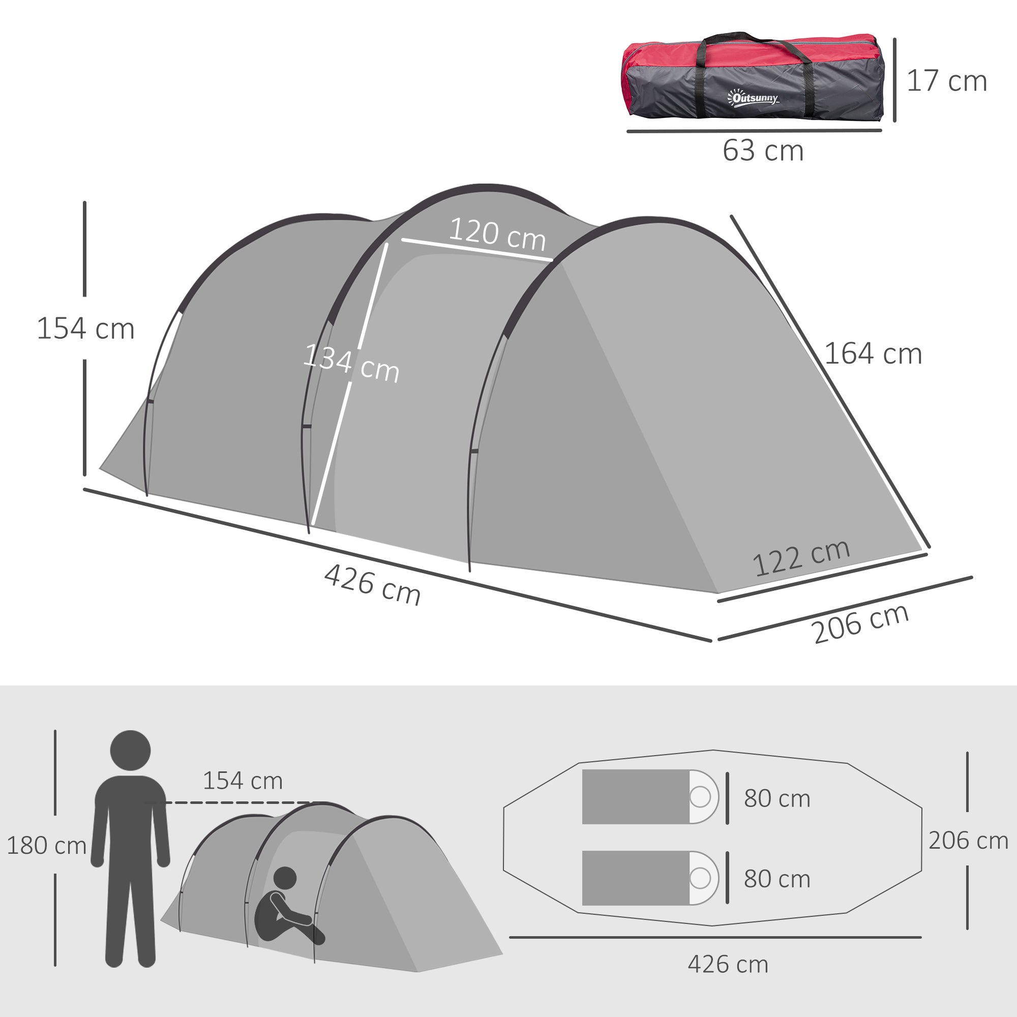 Outsunny camping curtain 2 seats with vestibule and doors with zipper, 426x206x154cm gray - Borgè