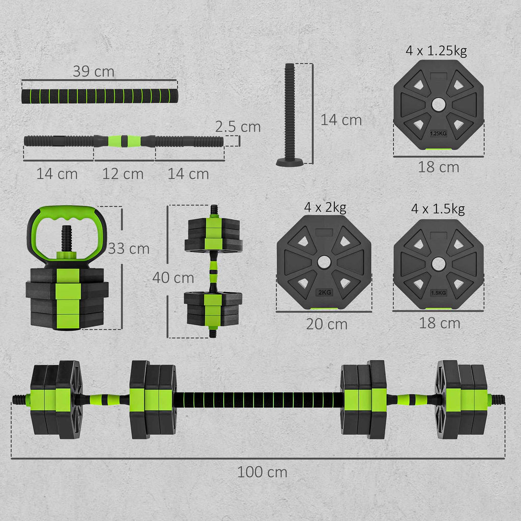 SPORTNOW 6-in-1 Multifunction Gym Weight Set, 20kg Total, Made of Plastic and Sand, 125x18x18 cm, Green
