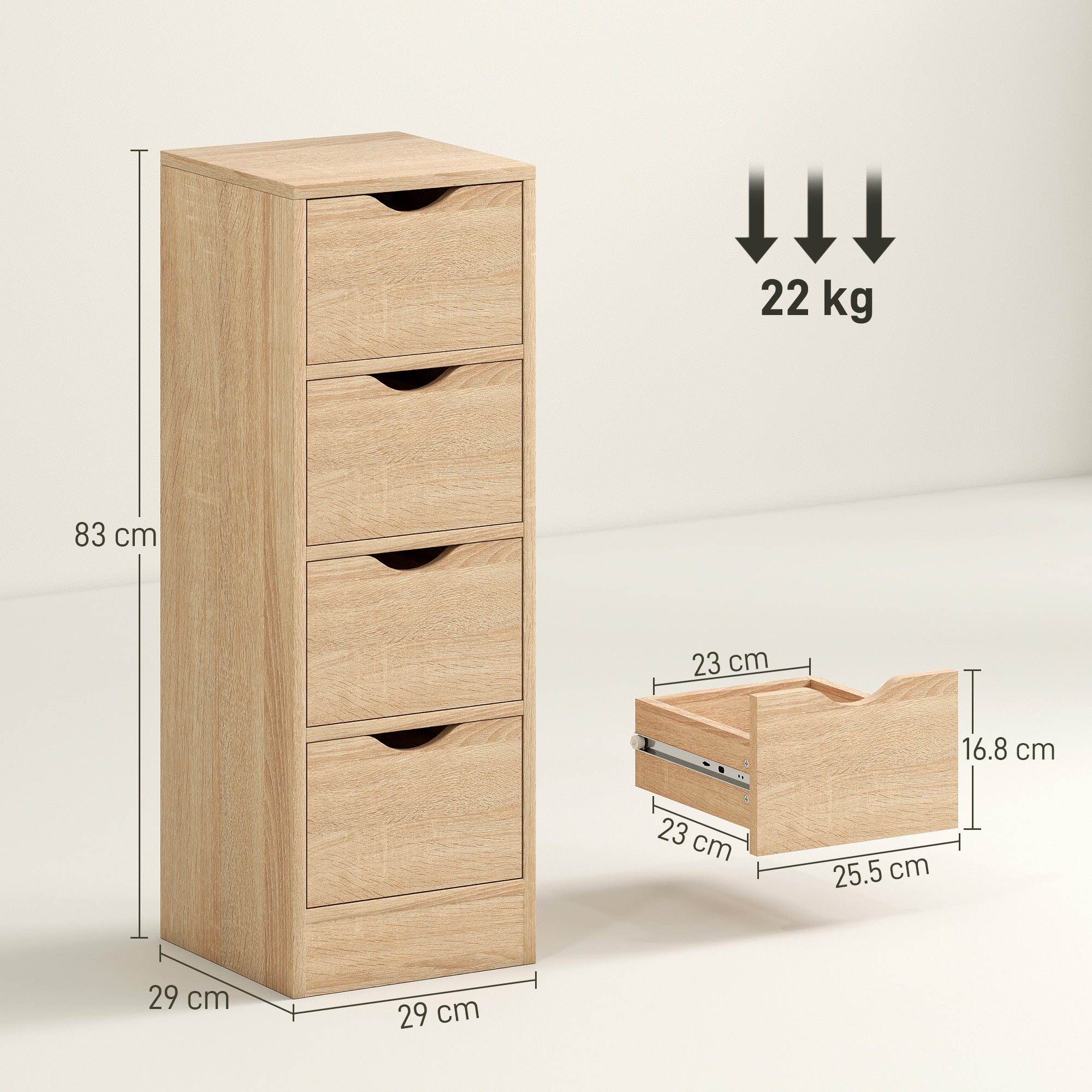 Space-Saving Bathroom Cabinet with 4 Drawers and Carved Handles in Nordic Style, 29x29x83 cm, Natural Wood