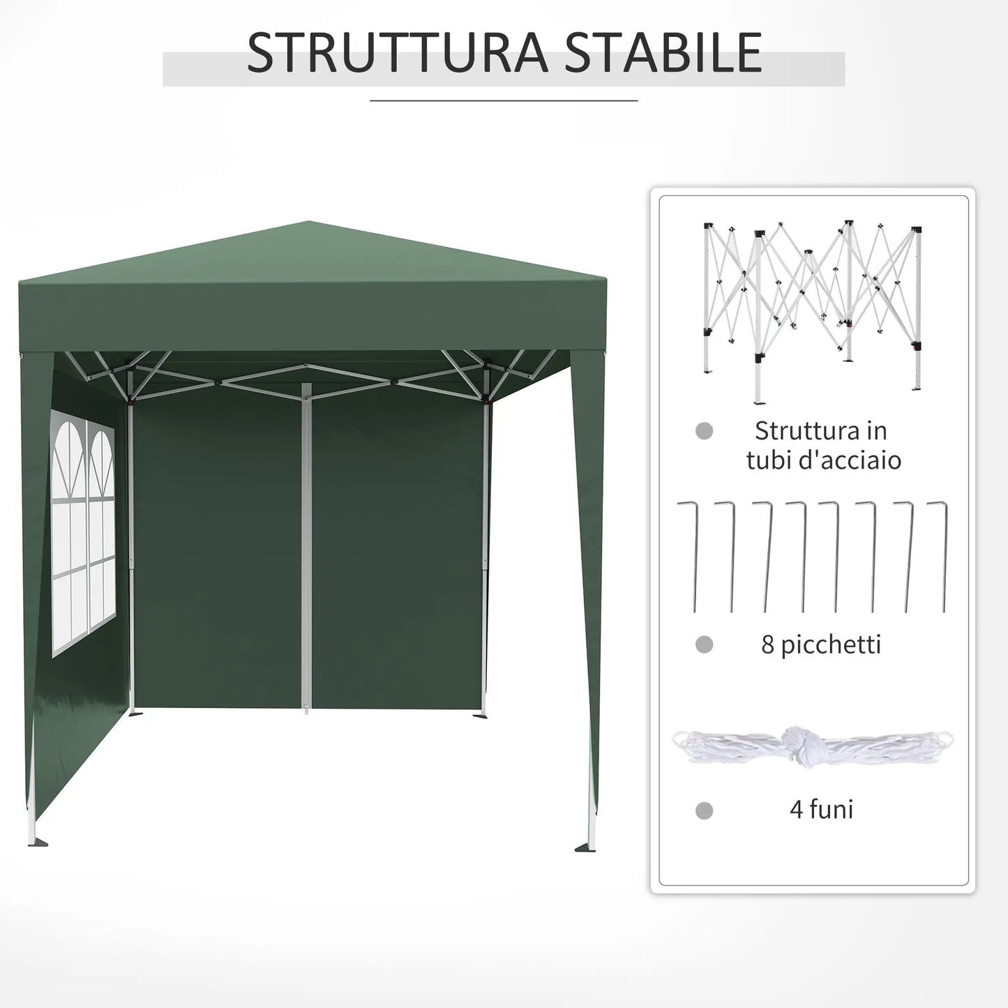 Gazebo 2x2 m Folding with 4 Removable Walls and Carry Bag, in Metal and Polyester, Green