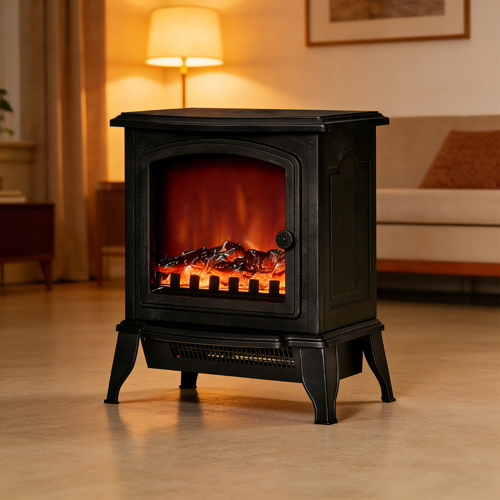 Portable Electric Fireplace 1000W/2000W with Flame Effect, ABS and Tempered Glass, 36.5x24x45.5 cm, Black