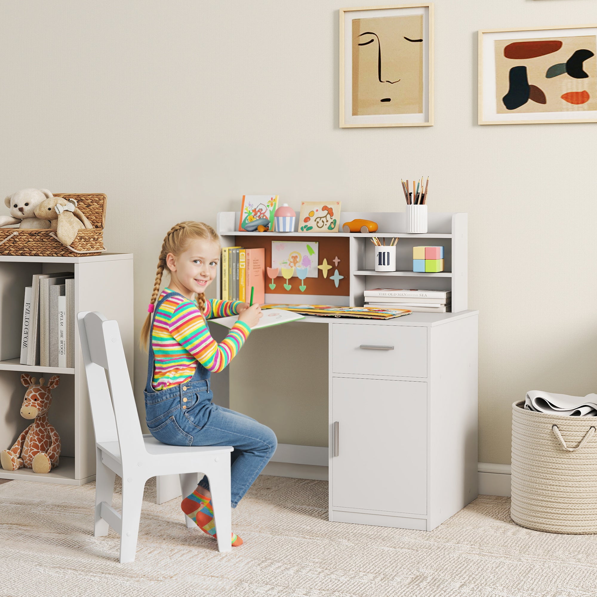 Children's Desk with Shelves, Cabinet, Drawer and Matching Children's Chair in White MDF