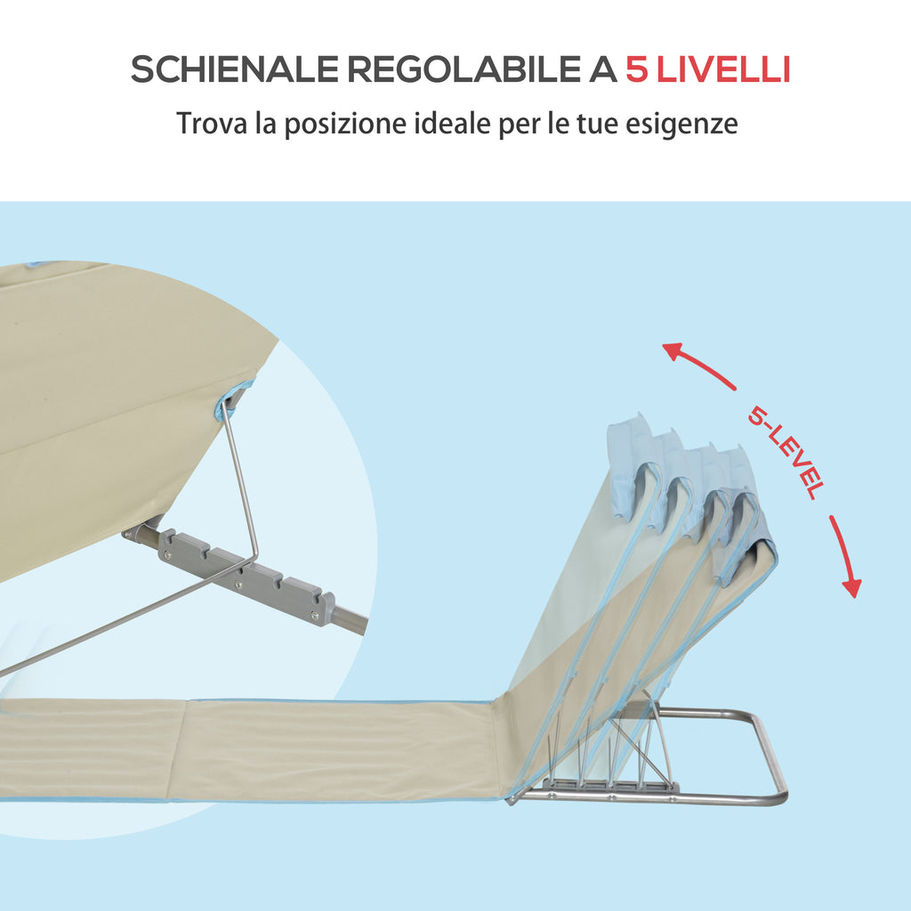 Set of 2 Folding Beach Chairs with Adjustable Backrest and Headrest, 53x124x35-45 cm, Beige and Light Blue