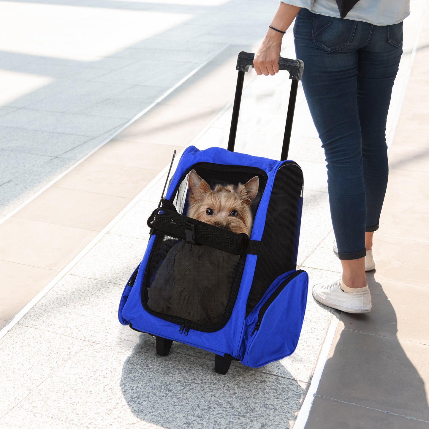 PawHut 2 in 1 Backpack Carrier for Dogs and Cats with Side Pockets, Telescopic Handle and Wheels, 42x25x55cm, Blue