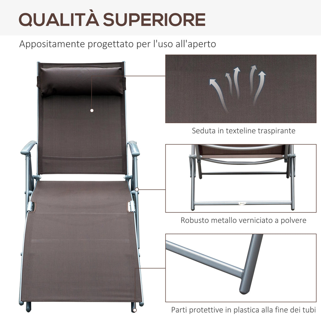 Folding Garden Lounger with Cushion, 7-Reclining Backrest, 137x63.5x100.5cm, Brown