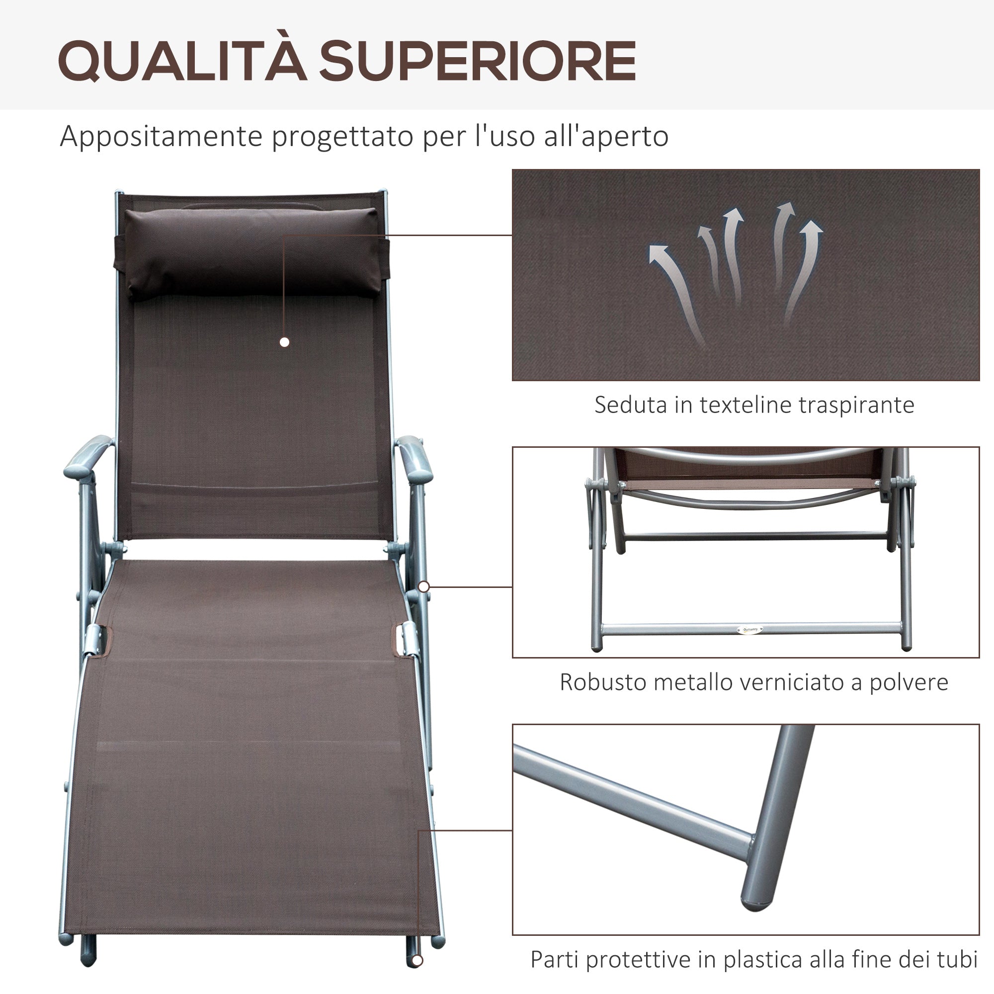 Folding Garden Lounger with Cushion, 7-Reclining Backrest, 137x63.5x100.5cm, Brown