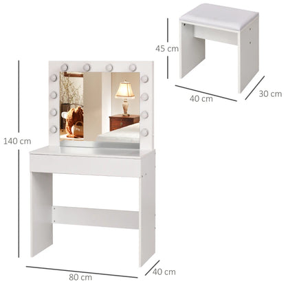 Hollywood Vanity Mirror with 12 LED Lights and White Wooden Stool - Borgè