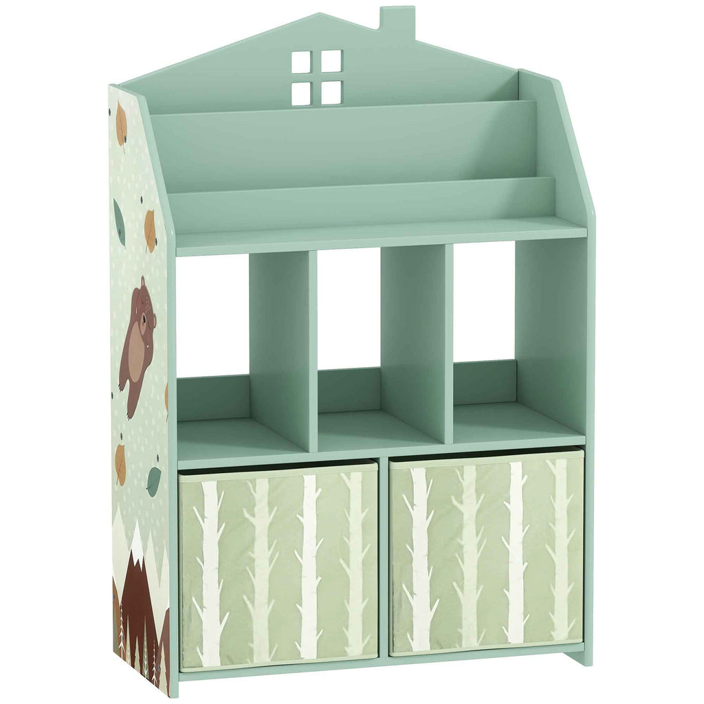 AIYAPLAY Children's Toy Storage Shelf in FSC Wood, 2 Removable Fabric Bins and Shelves, for Children's Bedroom, Green