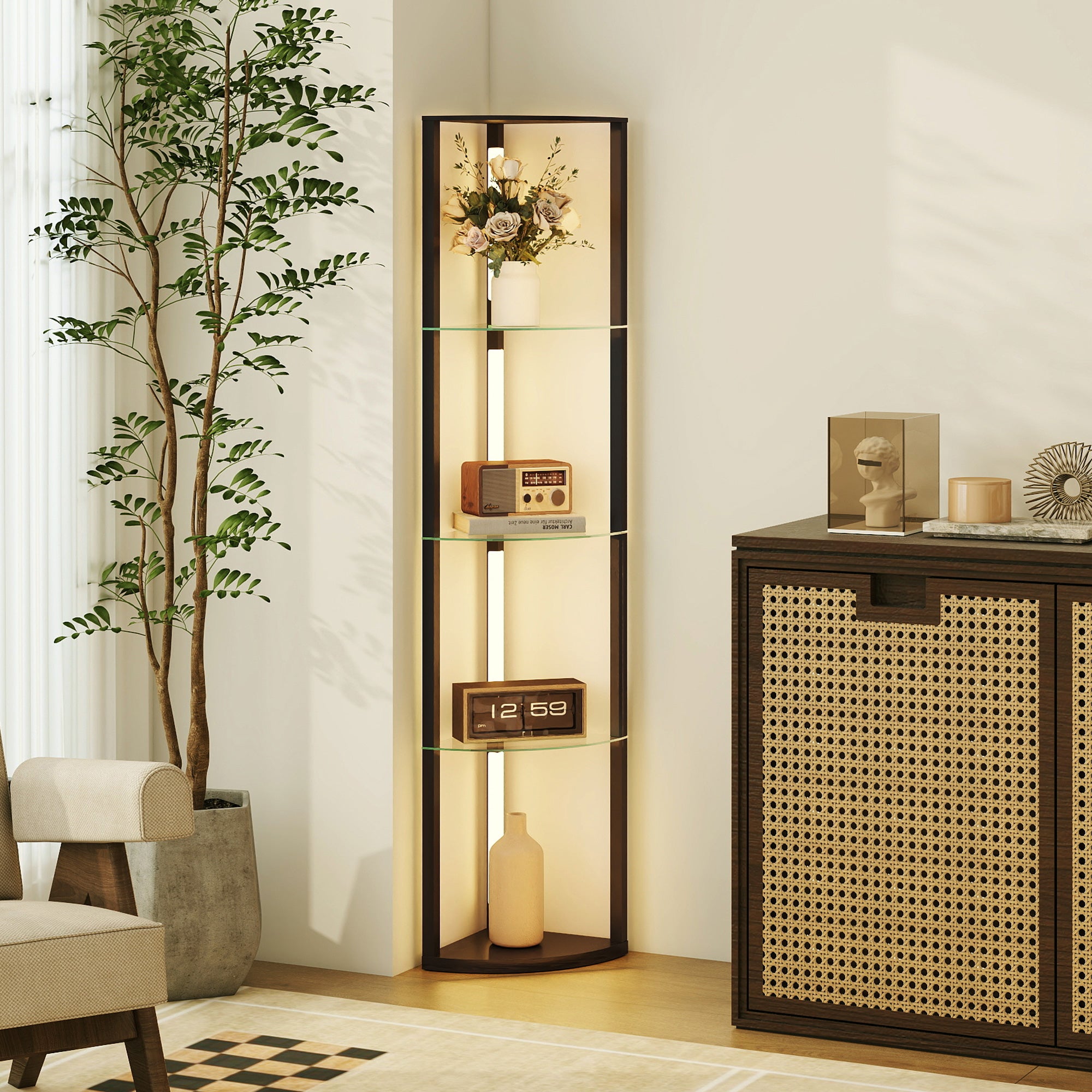 Floor Lamp with 5 Shelves and LED Light, 3 Brightness Levels and Foot Switch, Black